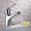 Hình ảnh vòi lavabo nóng lạnh Eurolife EL-LOT 02 lắp thực tế trên chậu lavabo, nổi bật với bề mặt mạ Chrome sáng bóng và dòng nước tạo bọt êm.