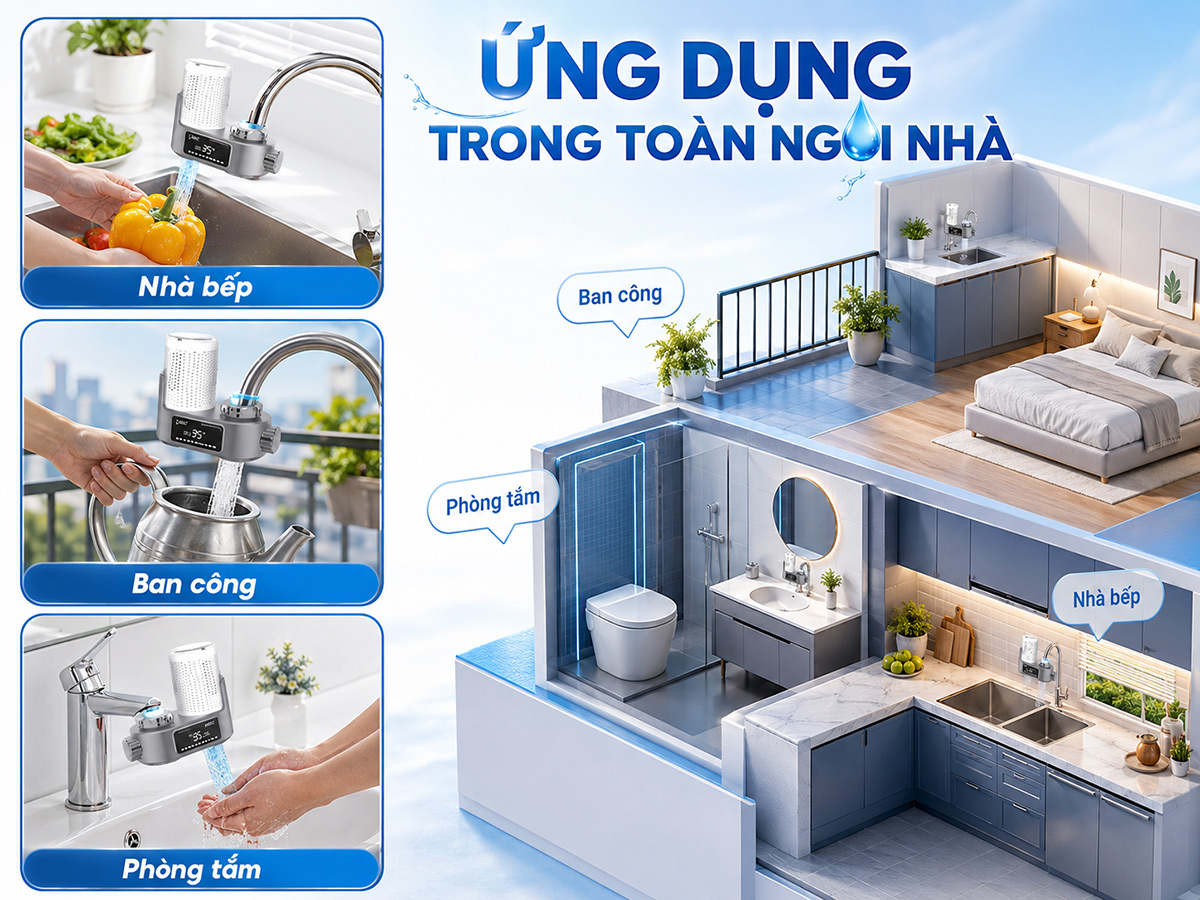 Ứng dụng máy lọc nước đầu vòi Eurolife EL-LS-A21 trong nhà bếp, ban công và phòng tắm tùy theo điều kiện lắp đặt phù hợp.