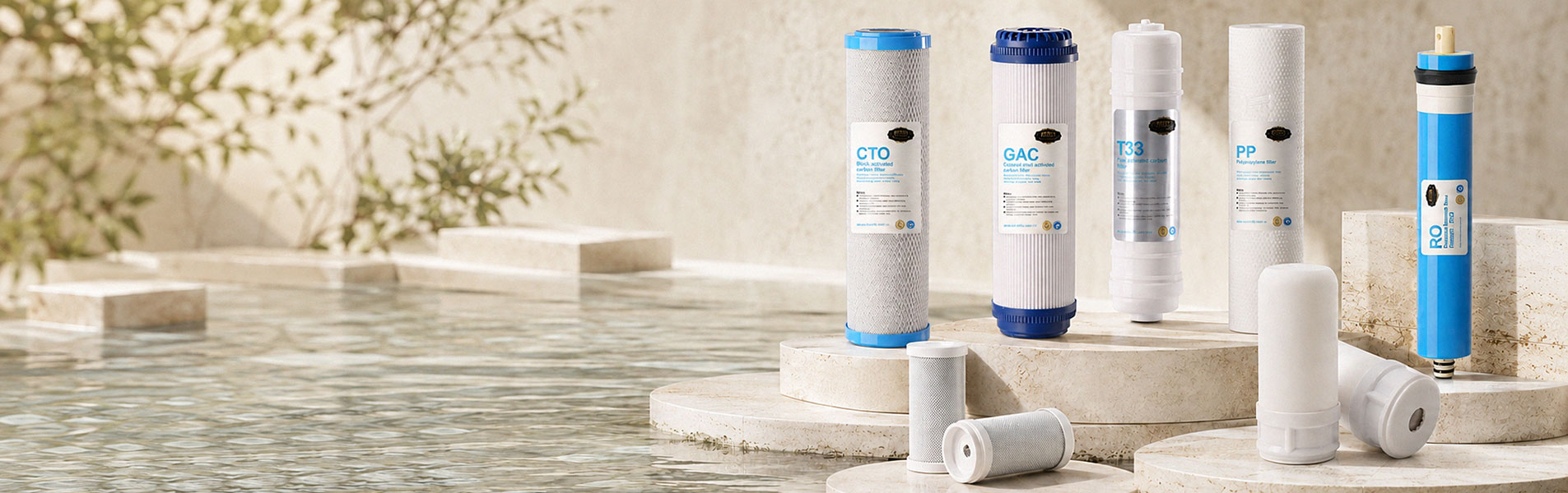 Bộ lõi lọc nước CTO, GAC, T33, PP, RO và các lõi nhỏ trưng bày trên bệ đá cạnh mặt nước