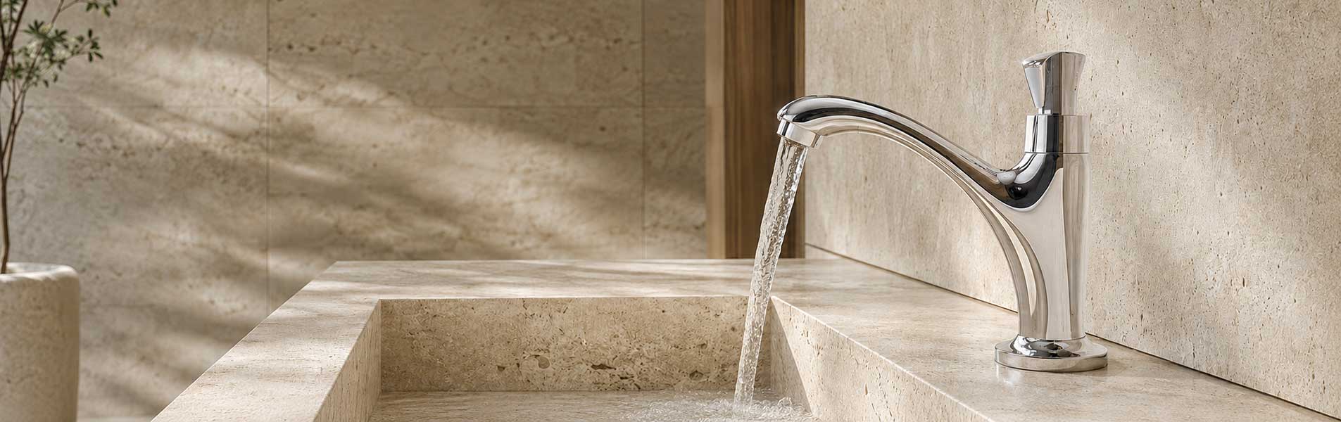 Vòi lavabo lạnh kiểu dáng cổ cong bên chậu rửa màu trắng