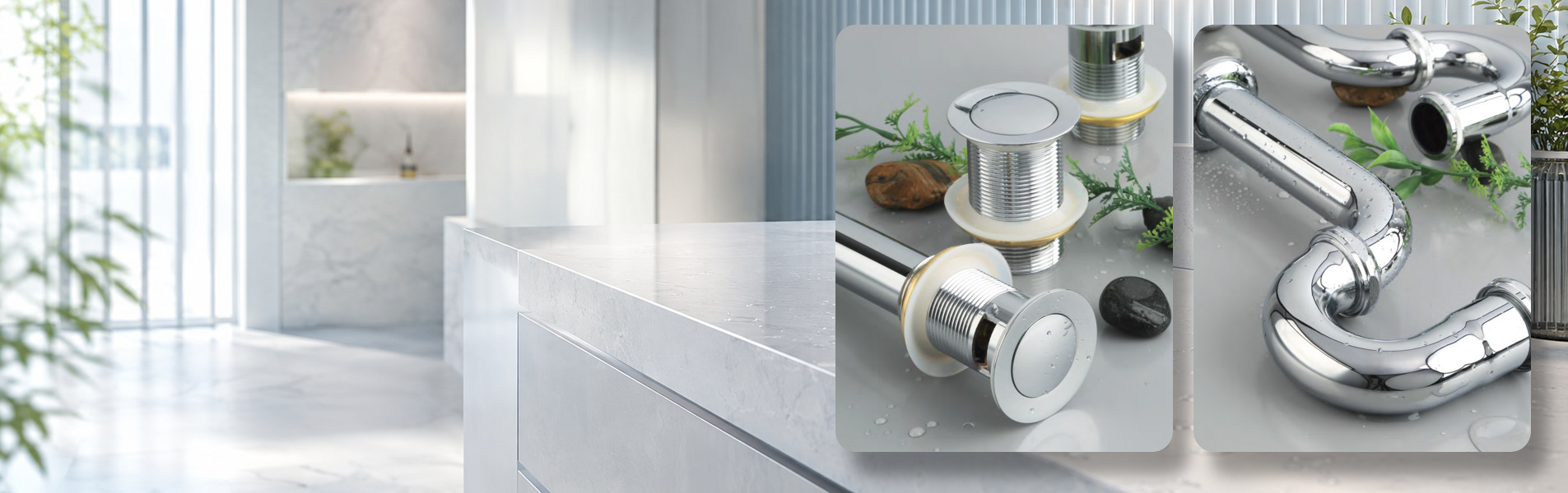 Bộ xả lavabo và siphon bề mặt sáng bóng trong không gian phòng tắm hiện đại