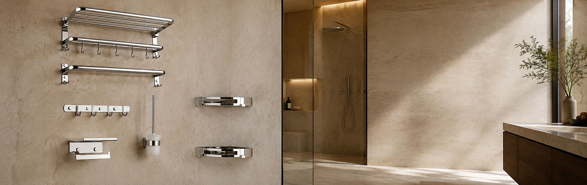 Hệ thống phụ kiện phòng tắm inox lắp trên tường đá màu kem trong không gian kiến trúc phòng tắm cao cấp
