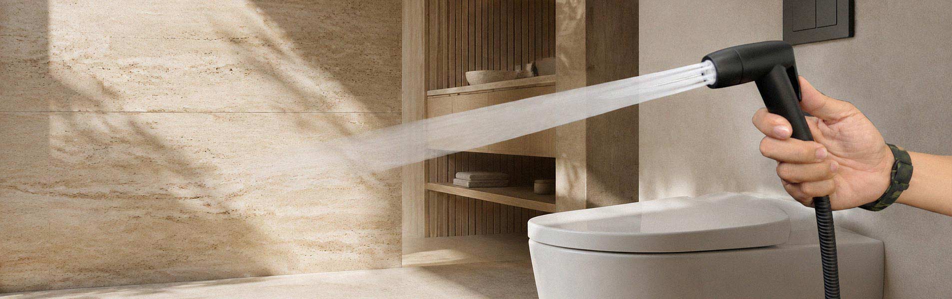 Bộ xịt vệ sinh màu đen phun nước trong phòng tắm tông màu be và gỗ