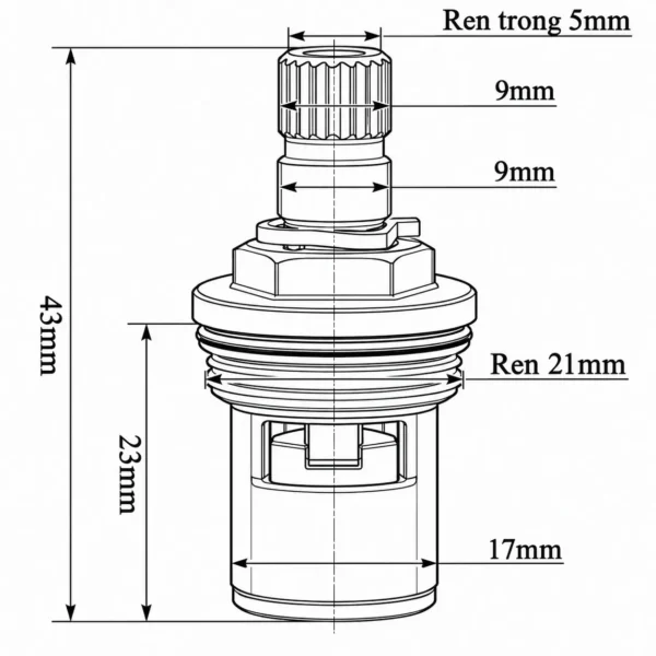 Bản vẽ kích thước lõi van Ceramic cho vòi lạnh Eurolife EL-VD25 EL-VIC26 cao 43 mm, thân Ø17 mm, ren 21 mm