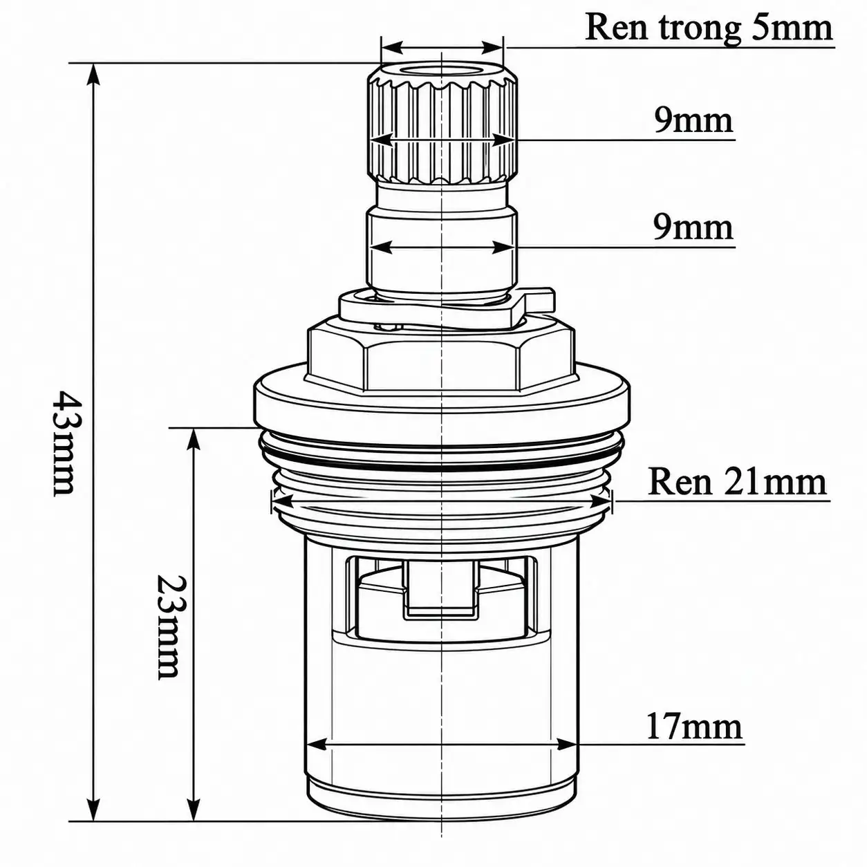 Bản vẽ kích thước lõi van Ceramic cho vòi lạnh Eurolife EL-VD25 EL-VIC26 cao 43 mm, thân Ø17 mm, ren 21 mm